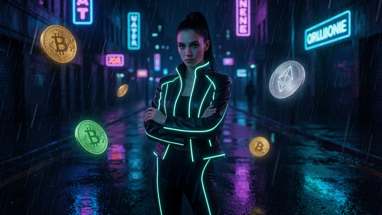 Stilvolles Model in neonbesetzter Jacke in regnerischer Cyberpunk-Stadt - Rainbet Casino Krypto-Regen-Club