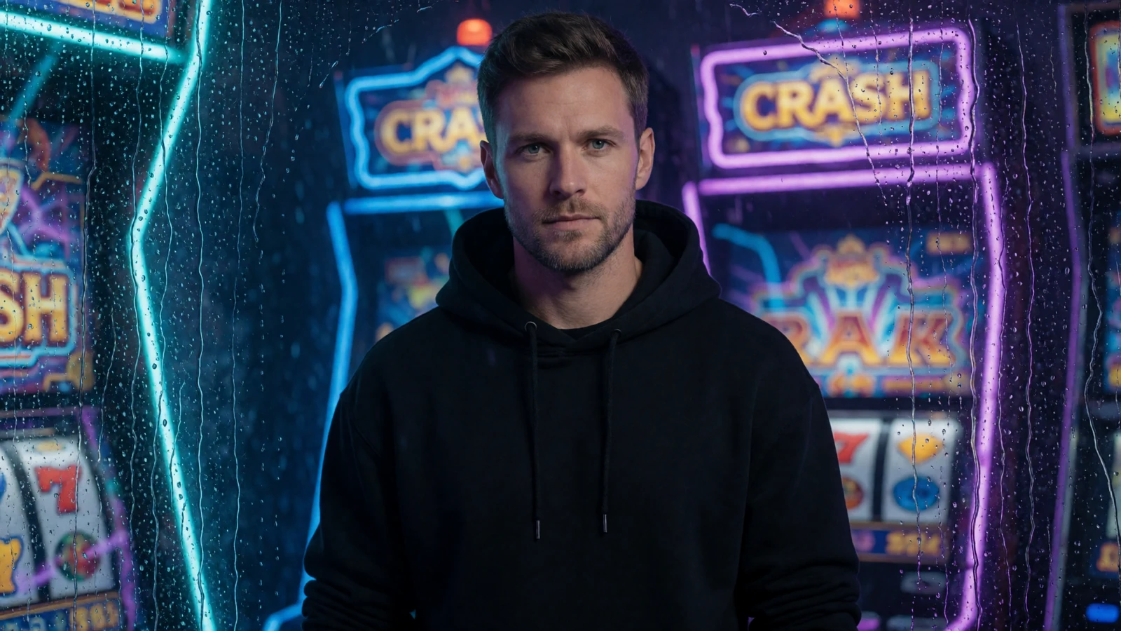 Mann im Streetwear-Hoodie in neonbeleuchteter Arcade - Provably Fair Spiele im Rainbet Casino