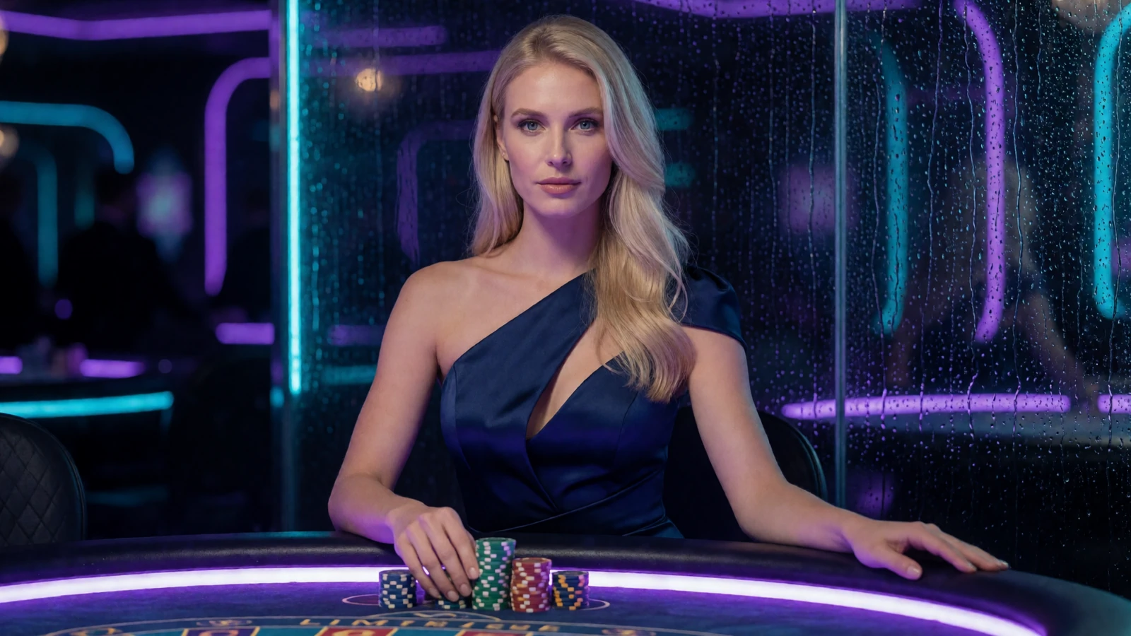 Elegantes blondes Model im modernen Kleid am VIP-Casino-Tisch mit violettem Neonlicht - Rainbet Rakeback & VIP Club