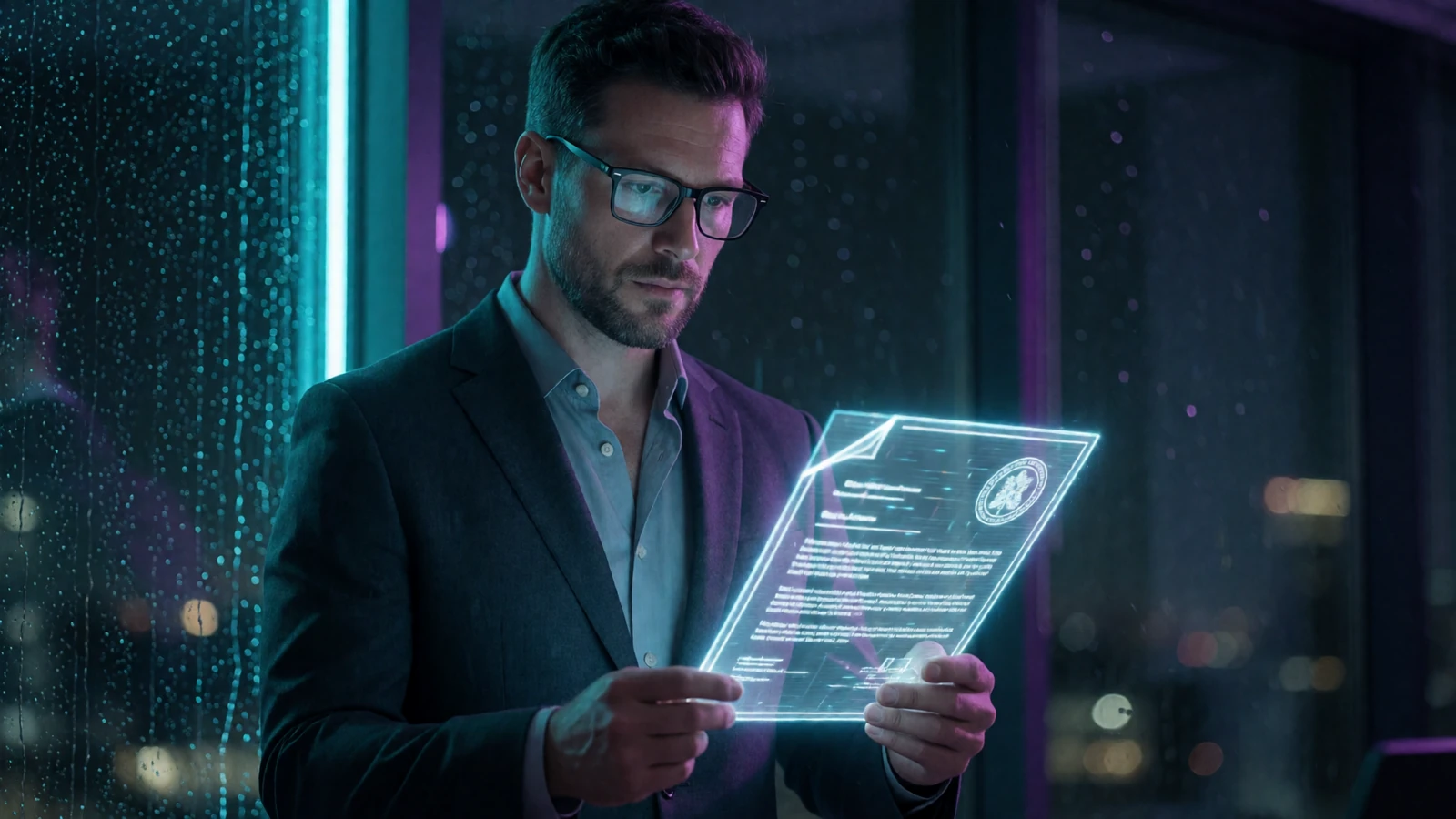 Mann im Anzug pr&uuml;ft ein leuchtendes holografisches Dokument - Bonus Bedingungen bei Rainbet Casino transparent erkl&auml;rt